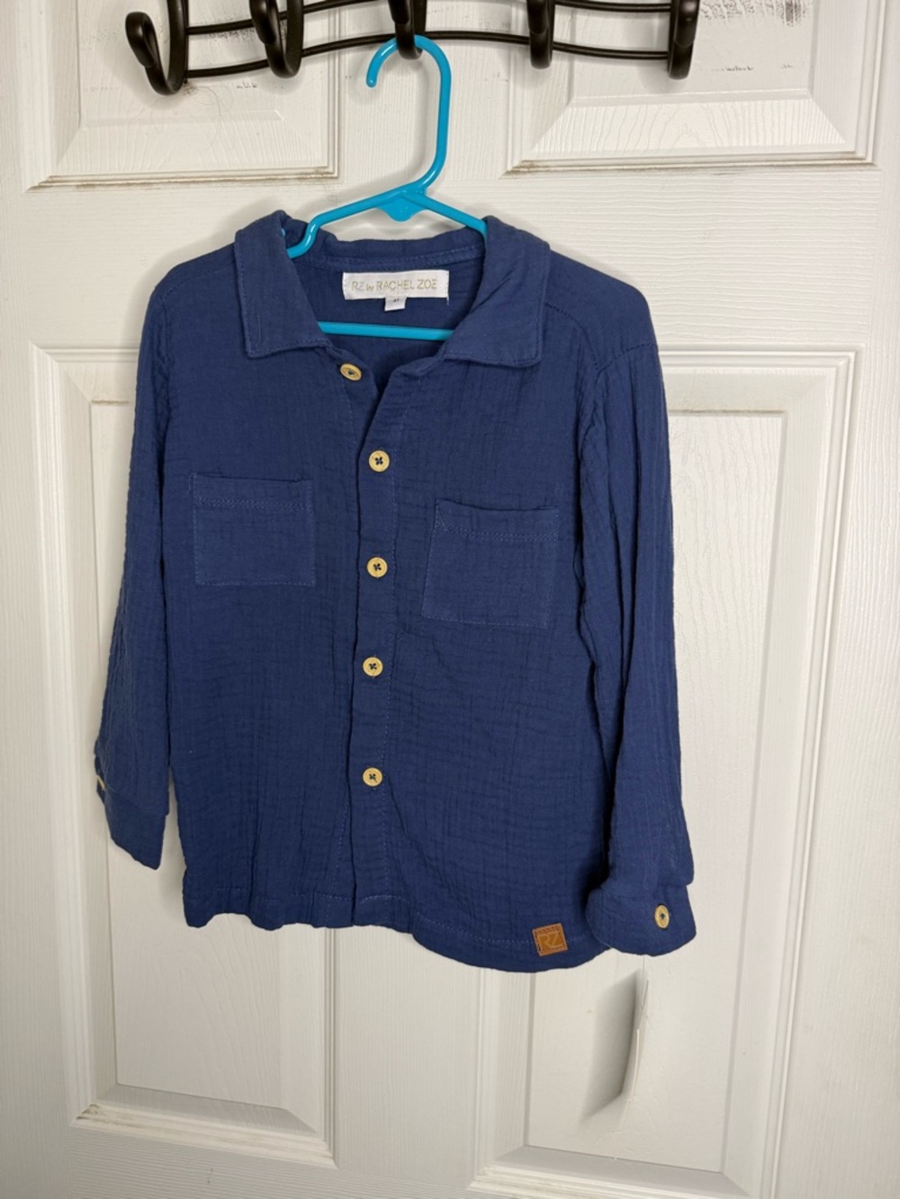 NWT Rachel Zoe Navy Button-Front Kids Shirt with Wood-Tone Buttons
